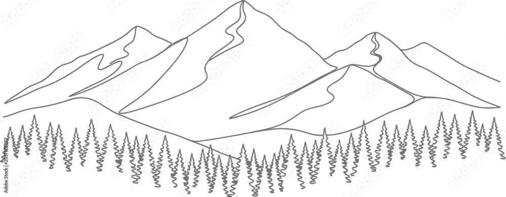 Fototapeta premium Mountain range with pine forest silhouette line art illustration for outdoor adventure branding and nature design projects