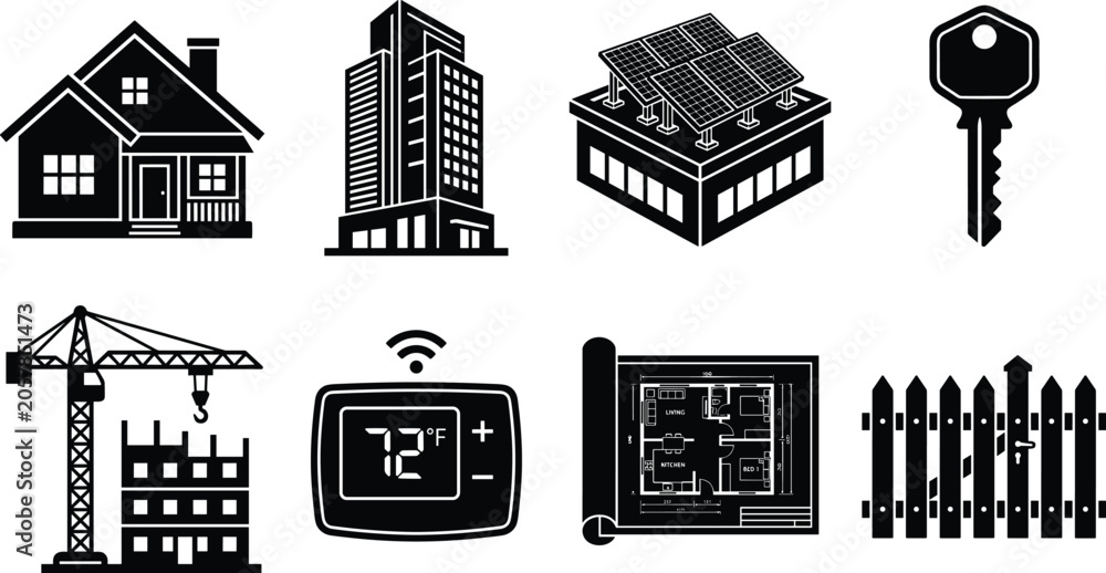 Fototapeta premium Collection of construction and architecture icons including house, office building, solar panels, crane, blueprint, thermostat, key, and fence