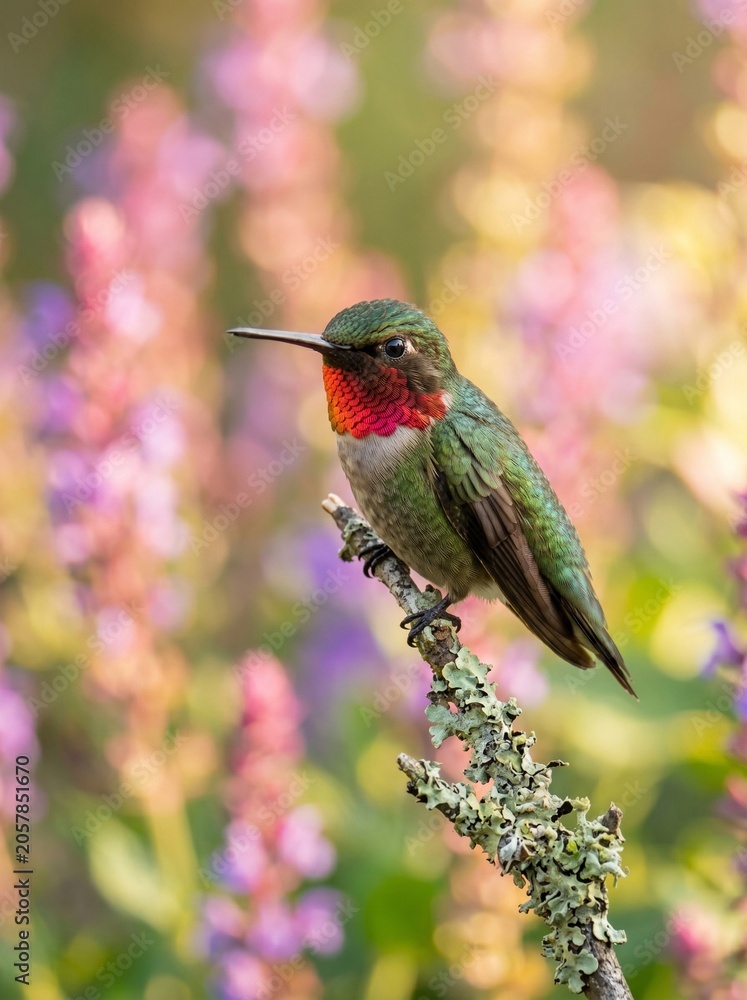 Obraz premium Vibrant Hummingbird Perched on a Branch in a Flower Garden
