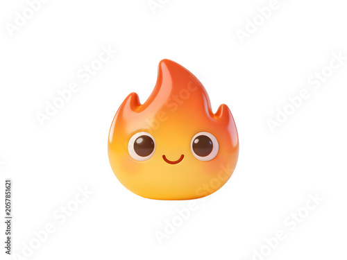 Adorable animated fire emoji with smiling face, large expressive eyes, bright orange and yellow colors, cartoon style, cute and friendly expression, isolated on white background
