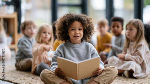Preschool educator reads a dual-language storybook to a mixed group of young children seated on a classroom rug, some pointing to pictures with curiosity, the inclusive