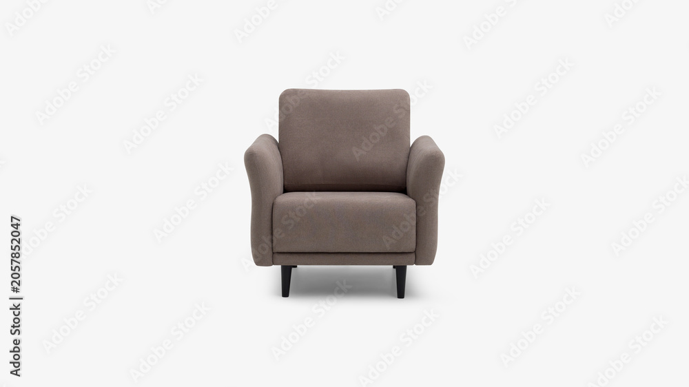 Obraz premium Comfortable taupe fabric armchair with dark wooden legs isolated on white