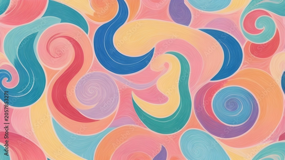 Fototapeta premium Vibrant Colorful Abstract Swirling Pattern Background. Pastel Wavy Lines and Organic Shapes, Artistic Decorative Design.