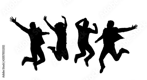 Group of four happy people jumping for joy in silhouette.
