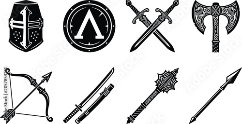Quadro su tela Medieval and Ancient Weapon Icons Collection Featuring Swords, Axes, Helmets, Sh