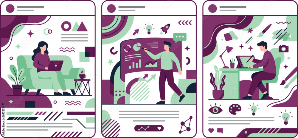 Obraz premium Social Media Post Template Set Showing Remote Work Business Presentation and Creative Design Scenes for Content Creators