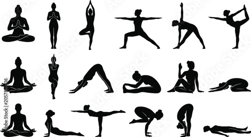 WebBlack silhouette illustrations of a woman practicing various yoga poses, meditation, and fitness exercises isolated on a white background