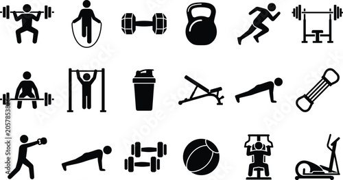 WebBlack silhouette fitness and gym icons set featuring workout equipment and people exercising on white background