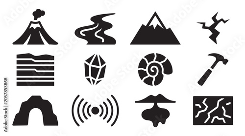Foto Black geology icons, rock and landform symbols, earth science graphics, 10 vecto