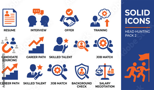 Schilderij op canvas Human resources and headhunting solid icon set featuring resume, interview, job