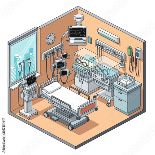 Modern Neonatal Intensive Care Unit with Medical Equipment.