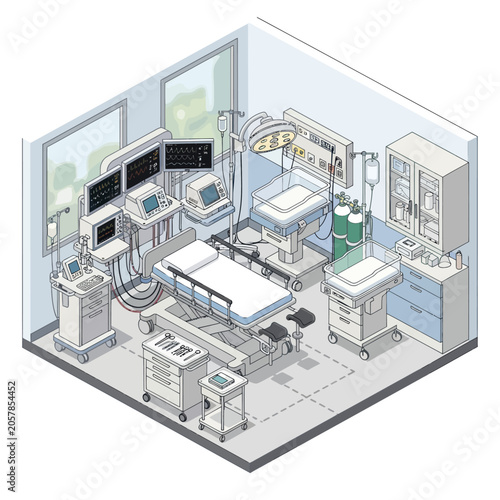 Modern Operating Room Equipment and Medical Devices Illustration.