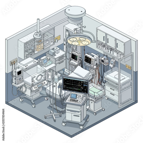 Modern Operating Room Equipment and Medical Devices in a Hospital Setting.