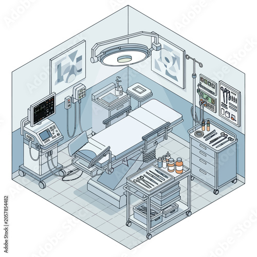 Modern Operating Room Setup with Medical Equipment and Surgical Table.