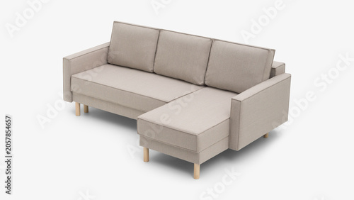 Fotografia Angle view of modern beige sectional sofa with chaise lounge on white