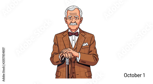Elegant elderly gentleman standing with a cane.