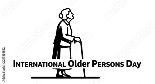 Black and white line art illustration of an elderly woman walking with a cane for International Older Persons Day.