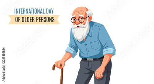 An illustration of an elderly man with a white beard and glasses holding a walking cane.