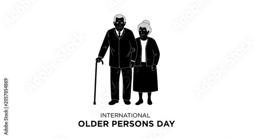 Black and white silhouette illustration of an elderly couple for International Older Persons Day.