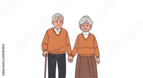 Illustration of an elderly couple holding hands and walking together.