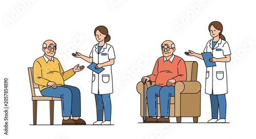 Elderly patient and healthcare professional consultation illustration.