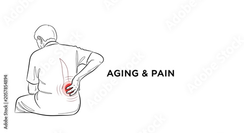 Senior man suffering from lower back pain illustration with text aging and pain.