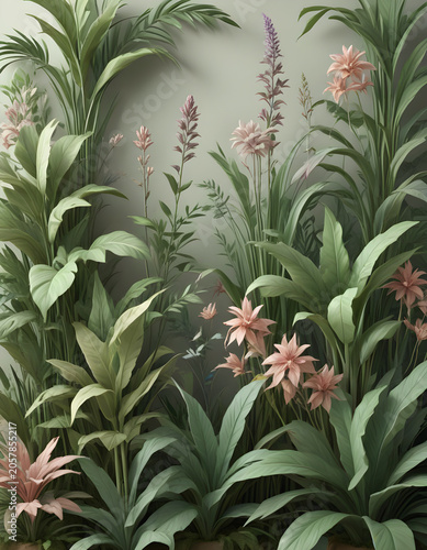Lush green foliage creates a seamless botanical pattern, featuring a variety of tropical plants with large, layered leaves, plant in a pot