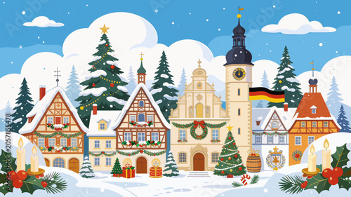 Fotografie Charming snowy European town decorated for Christmas with traditional half-timbered houses and festive trees under a winter sky
