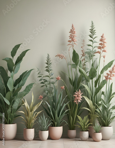 Lush green foliage creates a seamless botanical pattern, featuring a variety of tropical plants with large, layered leaves, plant in a pot