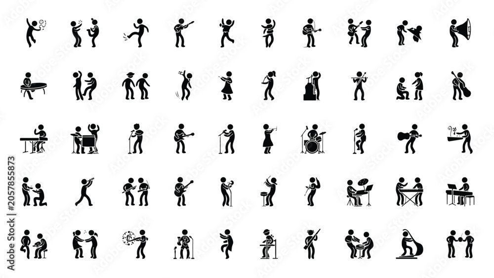 Naklejka premium Musician Stick Figure Silhouettes Collection – Jazz Band Vector Icons Set, Musical Instrument Performance Clipart