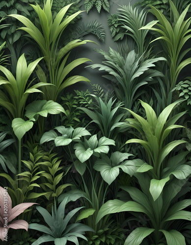 Lush green foliage creates a seamless botanical pattern, featuring a variety of tropical plants with large, layered leaves
