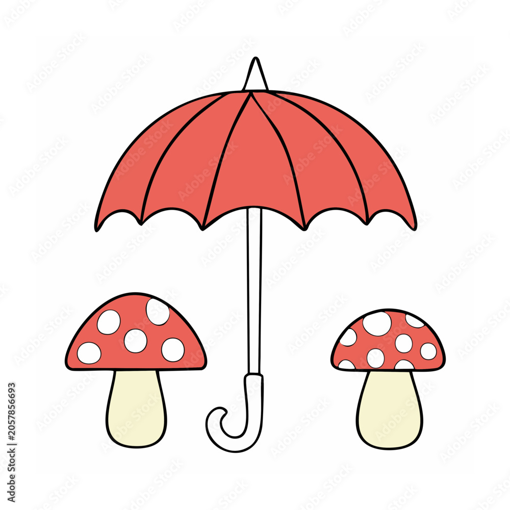 Fototapeta premium Red Umbrella with Mushrooms Flat Illustration