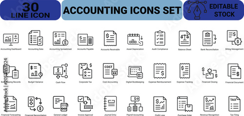 Comprehensive accounting icons set with thirty professional line graphics for financial data management bookkeeping and corporate budget tracking system.