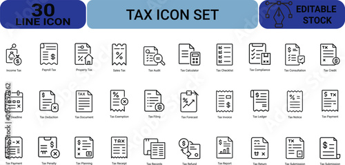 Set of thirty tax accounting line icons for financial reports and business document processing including audit receipt deadline calculation and planning.