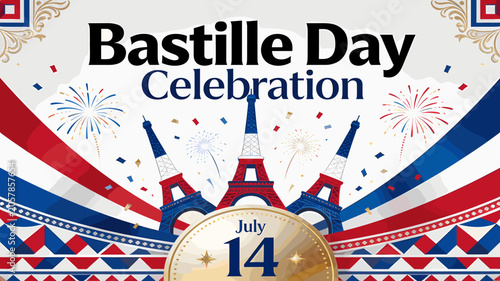 Foto Bastille Day Celebration banner with Eiffel Towers, fireworks, and French flag colors, commemorating July 14th