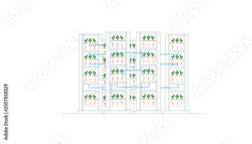 Obraz na płótnie Flat illustration of an urban vertical farming system with multiple levels of verdant plants growing in racks with water pipes