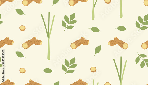 Fotografie Seamless botanical pattern featuring aromatic rhizomes, lemongrass stalks, and verdant leaves over a light cream backdrop for culinary and wellness designs