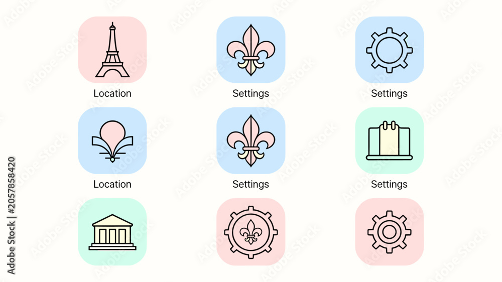 Fototapeta premium A grid of nine minimalist line art icons with pastel backgrounds, featuring symbols like the Eiffel Tower, fleur-de-lis, gears, and buildings, labeled as 'Location' or 'Settings'.