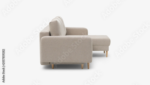 Side profile view of a modern beige fabric chaise sofa on a plain white