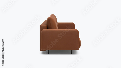 Side profile view of a modern brown upholstered living room sofa