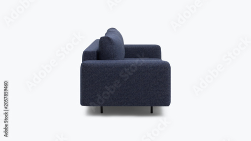 Side view of a modern dark blue fabric sofa with minimalist and black legs