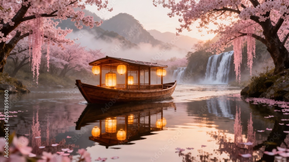 Fototapeta premium Boat on river with cherry blossoms