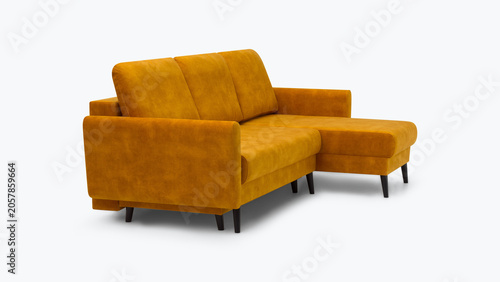 Stylish mustard yellow velvet sectional sofa with chaise and tapered wooden