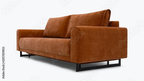 Stylish rust velvet sofa with black metal frame isolated on plain white