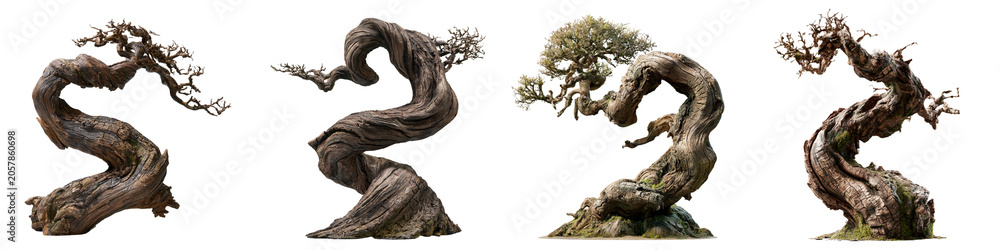 Fototapeta premium Four unique bonsai tree trunks with twisted branches isolated on transparent background