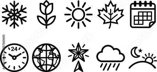 Flat seasonal and time icons set