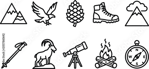 Hiking and camping outdoor adventure icons set