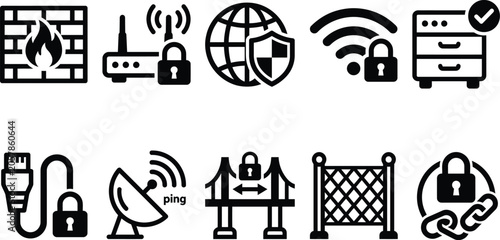 Secure network and data protection icons set