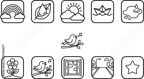 Flat icons set of weather and nature symbols with bird