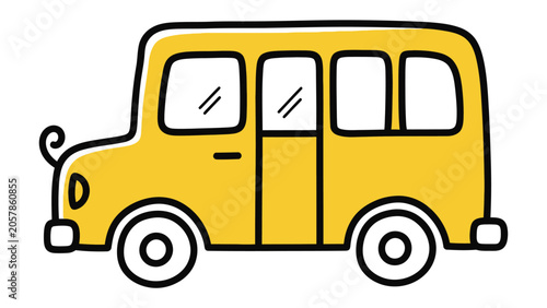 Simple hand drawn yellow school bus doodle icon with education